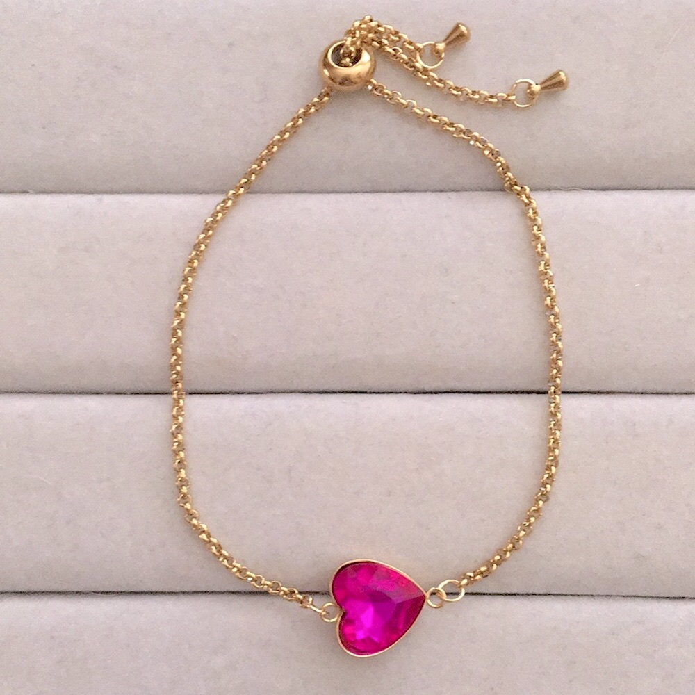 Hot Pink Fuchsia + Gold Crystal Heart Adjustable Boho Bracelet